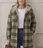 Green and cream plaid hooded flannel shacket with tan sherpa lining, front buttons