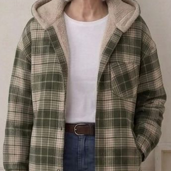 Green plaid hooded flannel shacket with tan sherpa trim and front button placket