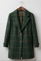Women’s dark green plaid tweed coat with notch lapels and button front