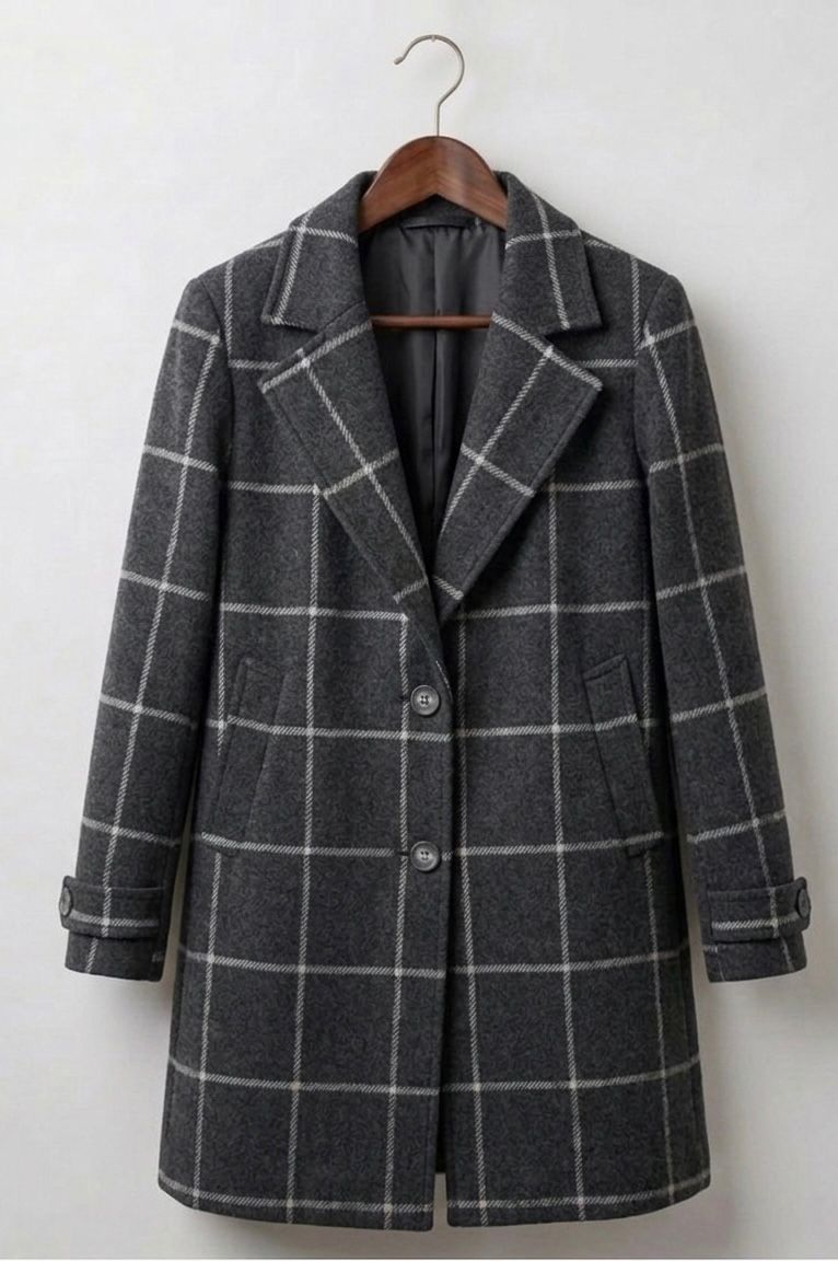 Women’s dark gray plaid tweed coat with notch lapels and button front