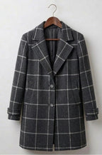 Women’s dark gray plaid tweed coat with notch lapels and button front