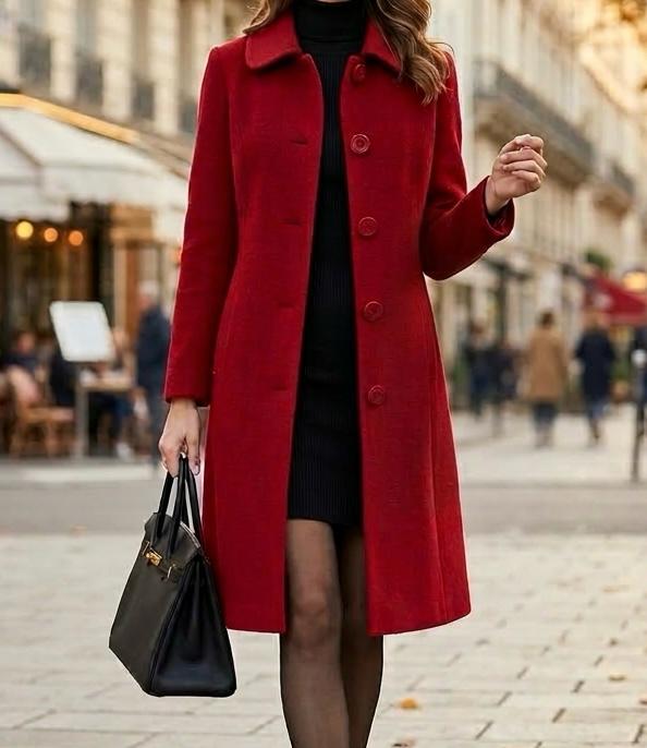 Red long coat with notched lapels, buttoned front, and dark inner layer at the neckline