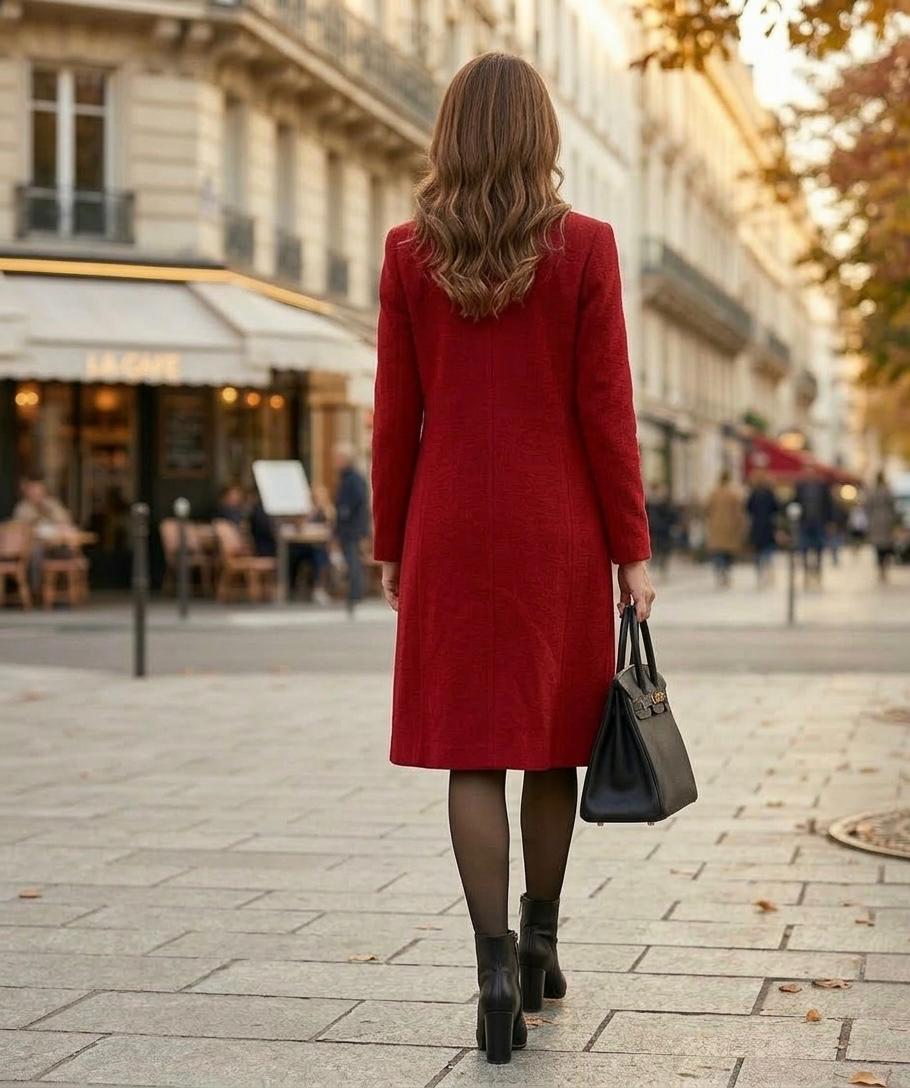 Red long coat on model, button front and collar visible from the back view