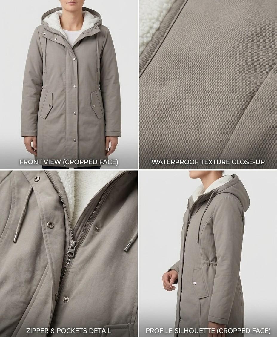Light grey waterproof long parka with sherpa lining, zip front, and pocket details