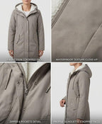 Light grey waterproof long parka with sherpa lining, zip front, and pocket details