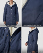 Midnight navy waterproof long parka—hood, faux-fur lining, front zip, zip pockets