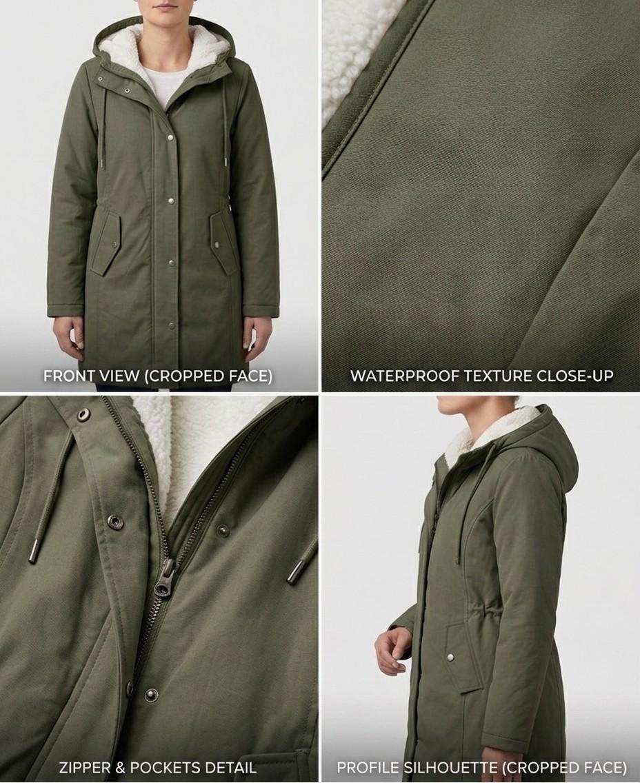 Forest green waterproof long parka with sherpa lining, zip front, and pocket detail