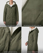 Forest green waterproof long parka with sherpa lining, zip front, and pocket detail