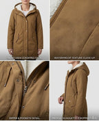 Khaki waterproof long parka with sherpa lining, zip front, and chest pocket details