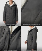 Dark charcoal waterproof long parka with hood lining, front zip, and zip pockets