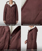 Berry red waterproof long parka—zipper and pockets detail, hood with sherpa lining