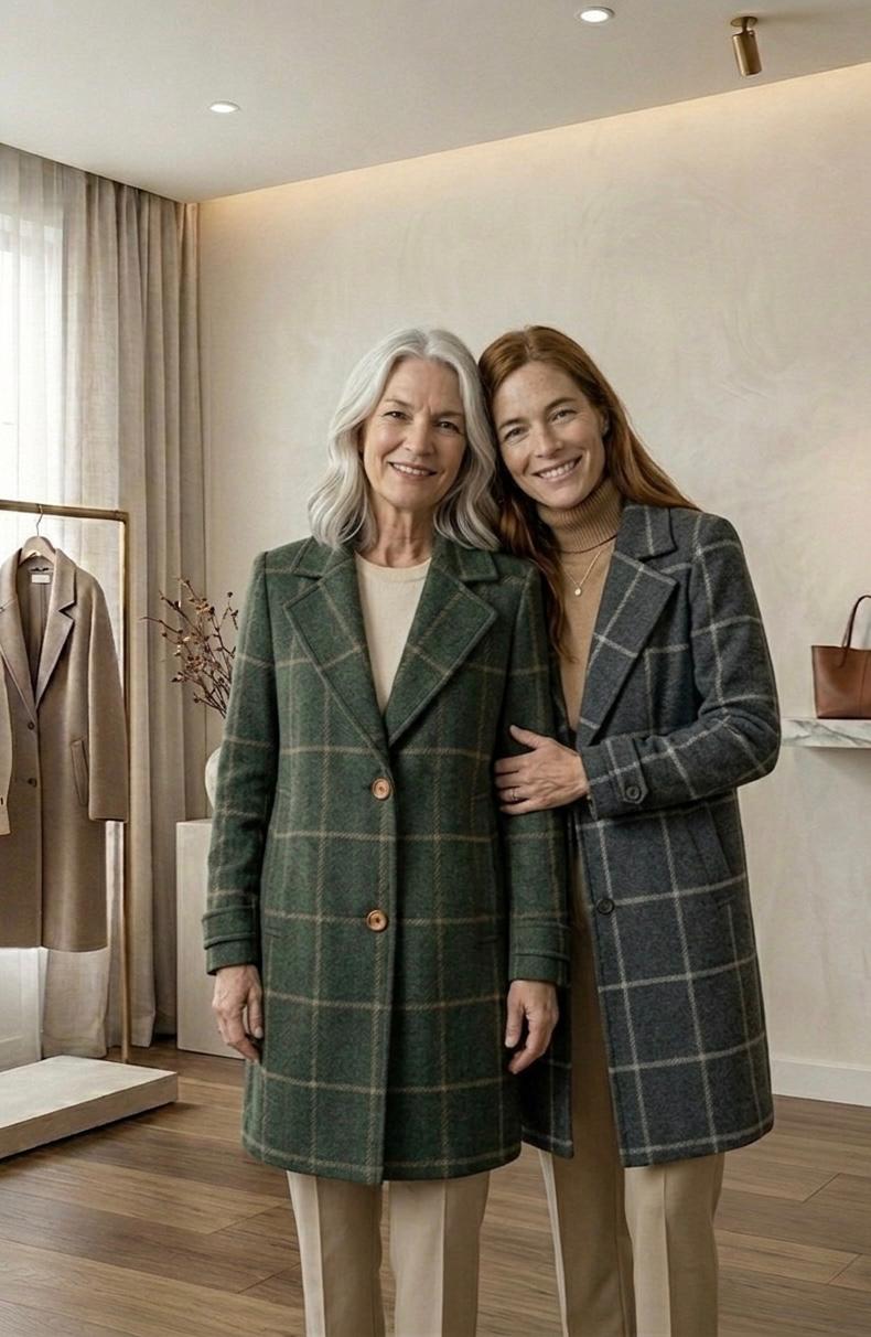 Green plaid tweed coat with notch lapels and button front, worn by a model