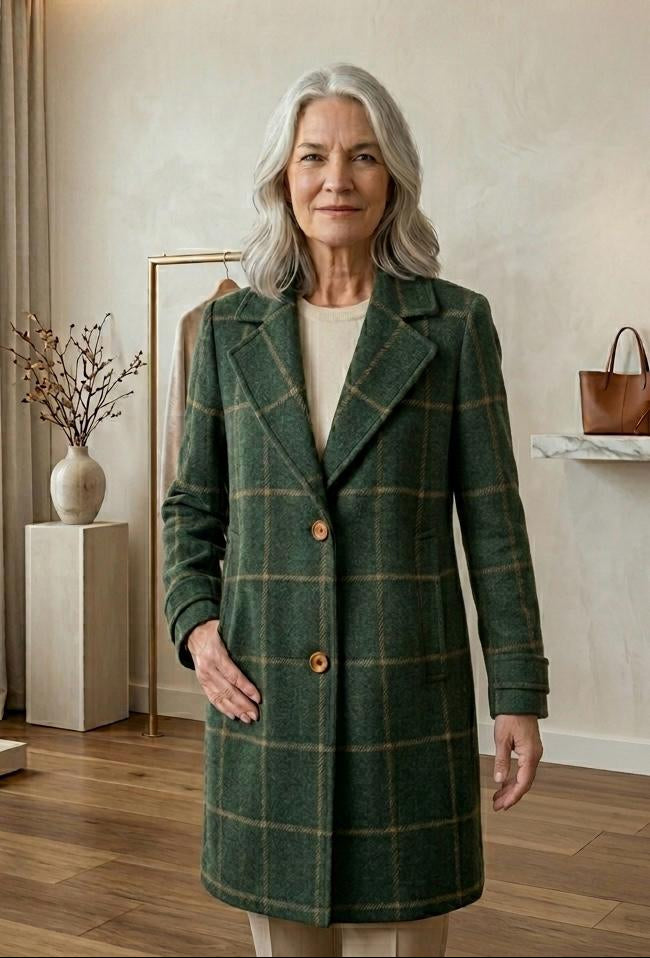 Women’s dark green plaid tweed coat, side view, long sleeves, button front