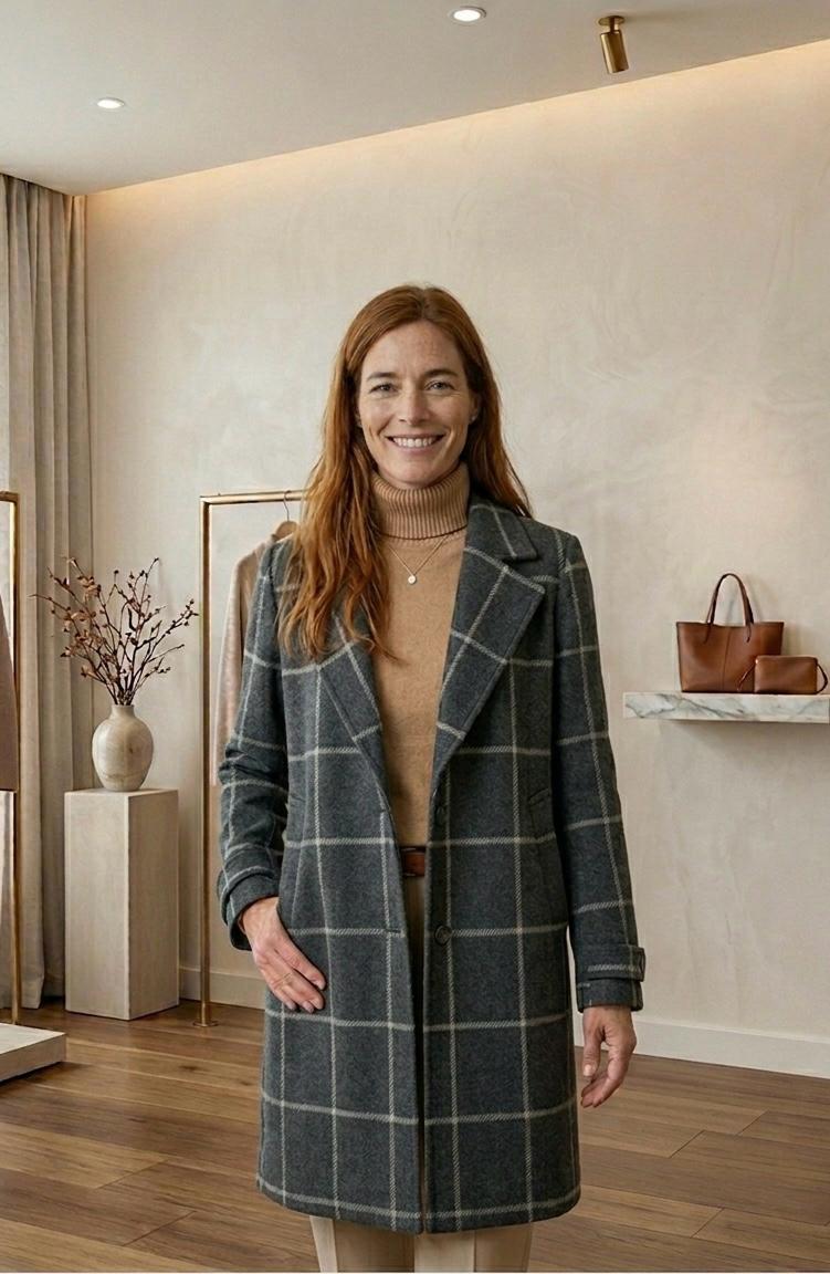 Women’s dark plaid tweed coat with notch lapels and button front