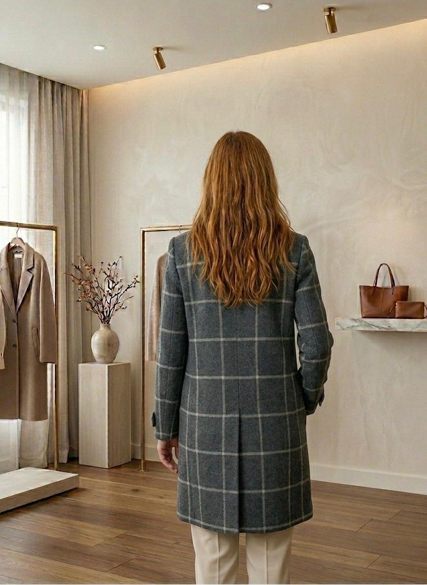 Women’s dark plaid tweed coat, back view, long sleeves and notch collar