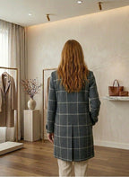 Women’s dark plaid tweed coat, back view, long sleeves and notch collar