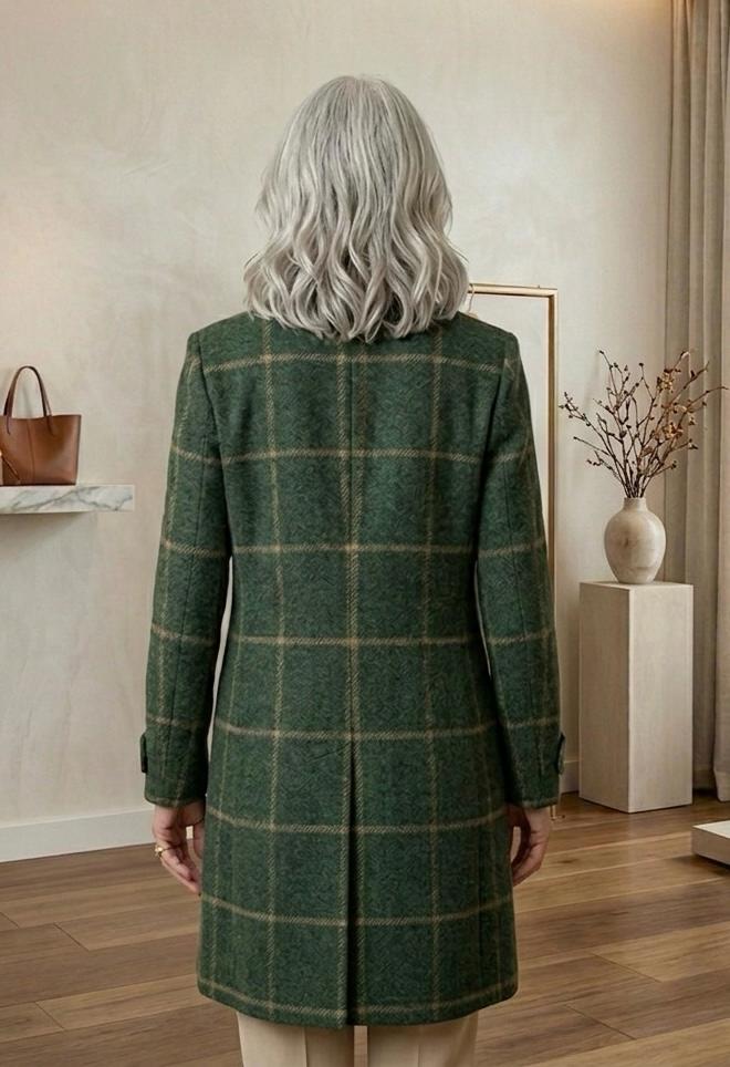 Women’s dark green plaid tweed coat, back view, long length and curved yoke