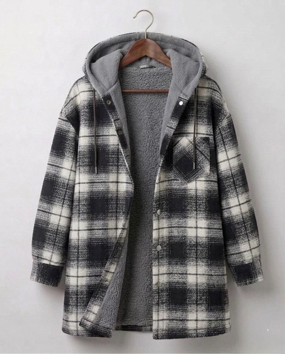 Hooded flannel shacket in black-and-white plaid with sherpa-style hood lining