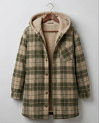 Green plaid hooded flannel shacket with tan sherpa-lined hood and button front