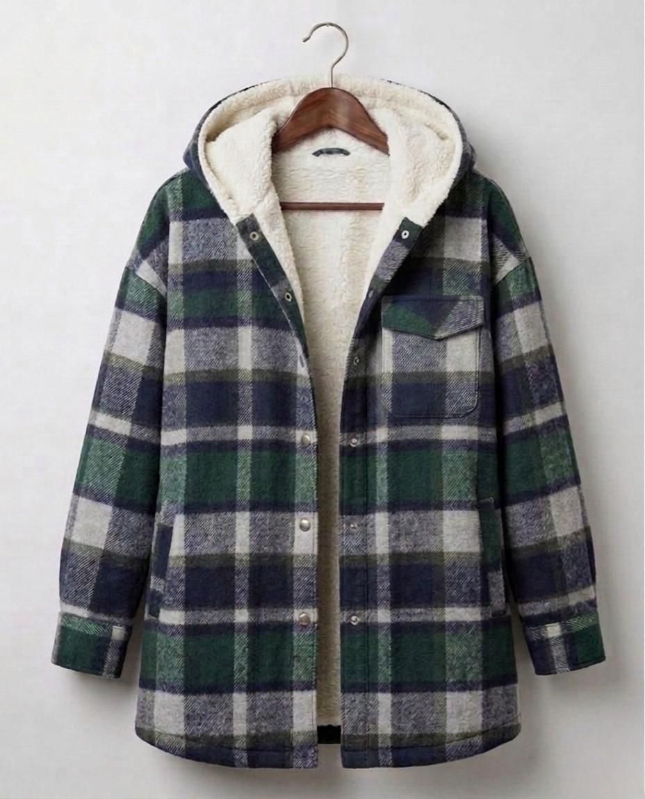 Plaid hooded flannel shacket on hanger, green-and-gray plaid with cream hood lining