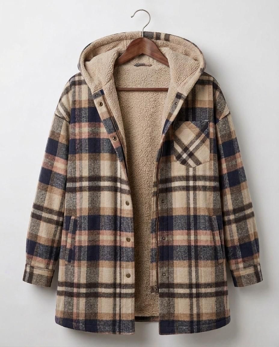 Tan-and-brown plaid hooded flannel shacket with sherpa hood lining and front buttons