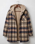 Tan-and-brown plaid hooded flannel shacket with sherpa hood lining and front buttons