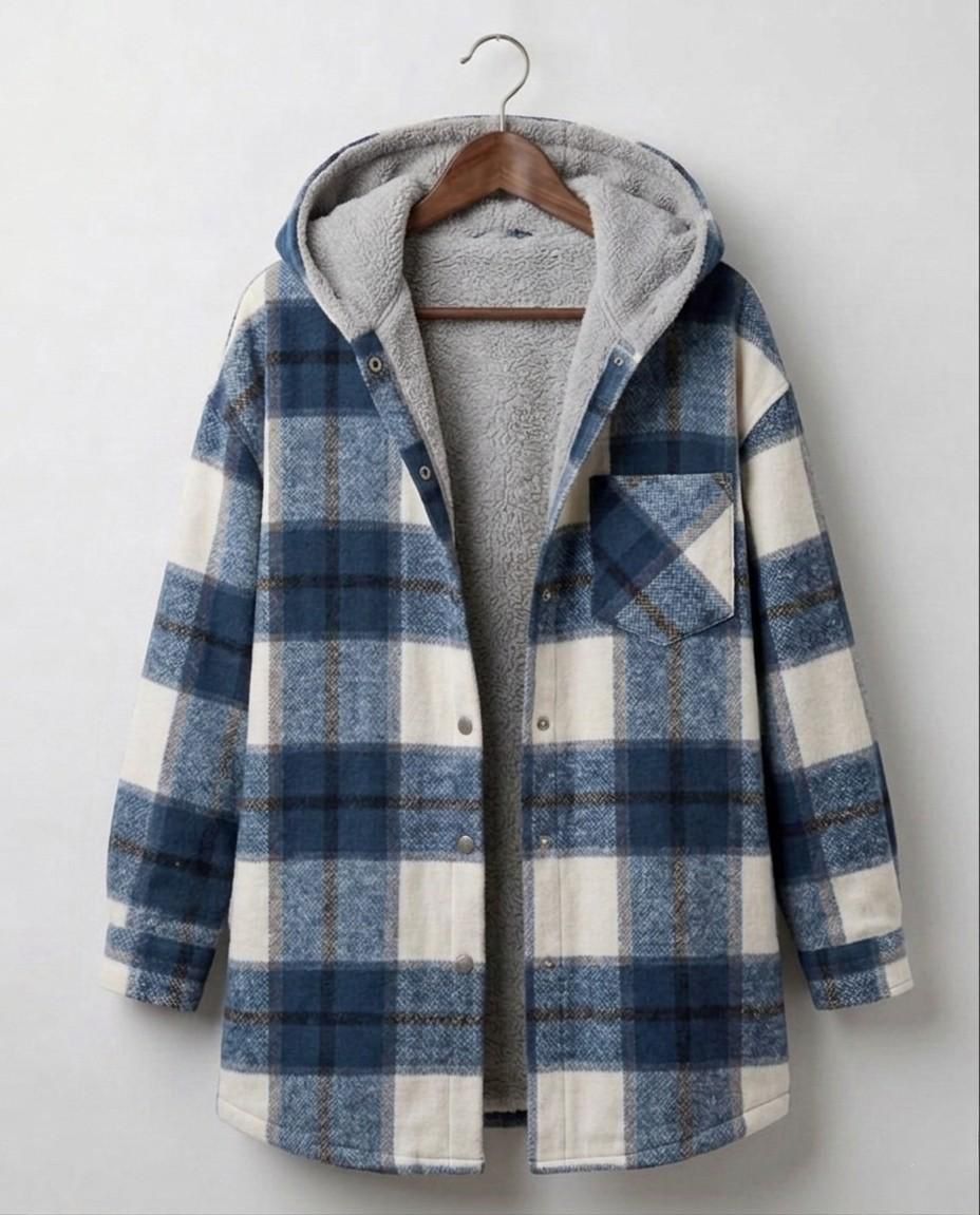 Plaid hooded flannel shacket on hanger, blue-and-cream plaid with gray hood