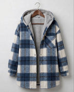 Plaid hooded flannel shacket on hanger, blue-and-cream plaid with gray hood