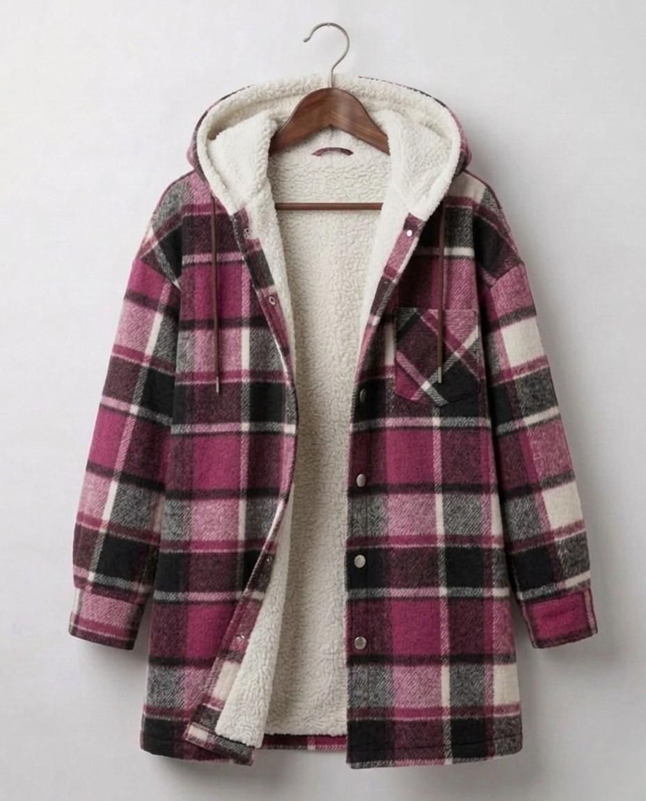 Magenta-and-black plaid hooded flannel shacket with sherpa hood lining and front buttons