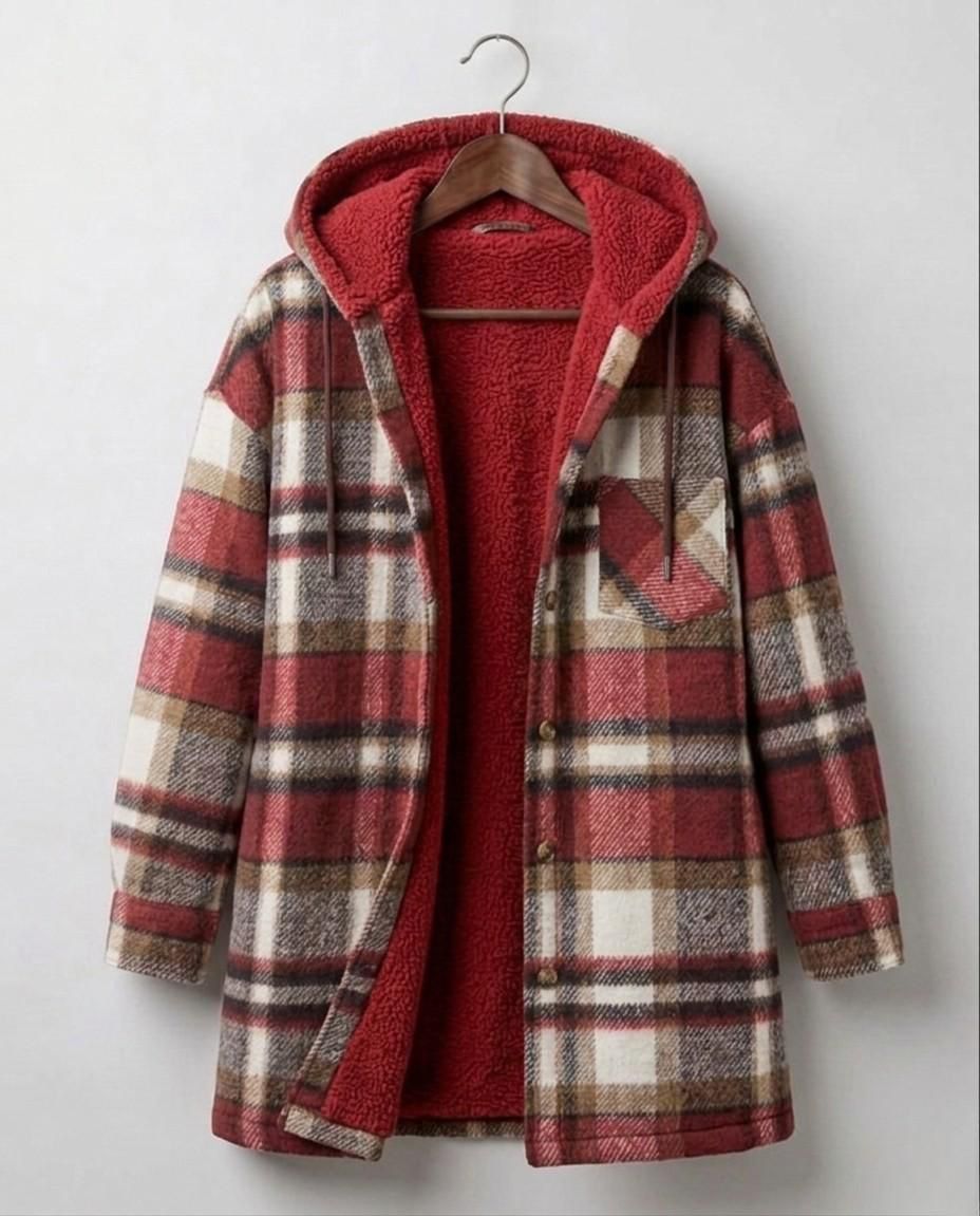 Plaid hooded flannel shacket on hanger, red hood lining and multicolor plaid