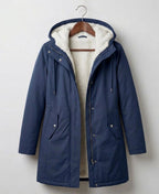Midnight navy waterproof long parka with hood, sherpa lining, front zip and pockets