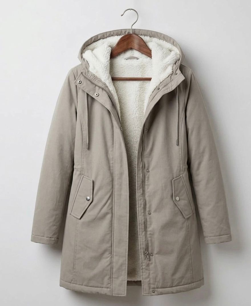 Khaki waterproof long parka with sherpa-lined hood, full zip, and front flap pockets