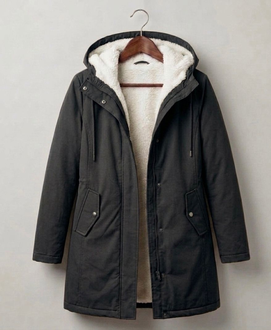 Dark charcoal waterproof long parka with hood, sherpa lining, front zip and pockets