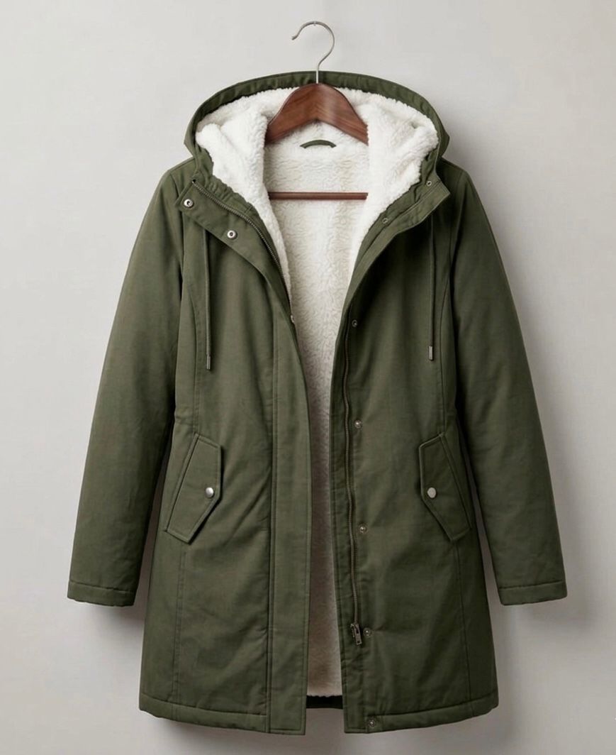Forest green waterproof long parka with sherpa-lined hood, full zip, and side pockets