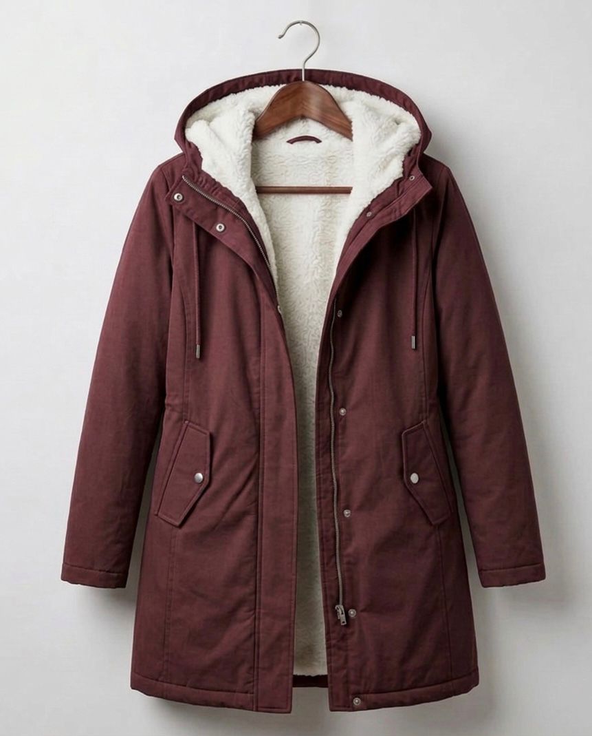 Berry red waterproof long parka with hood, sherpa lining, front zip and pockets