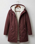 Berry red waterproof long parka with hood, sherpa lining, front zip and pockets