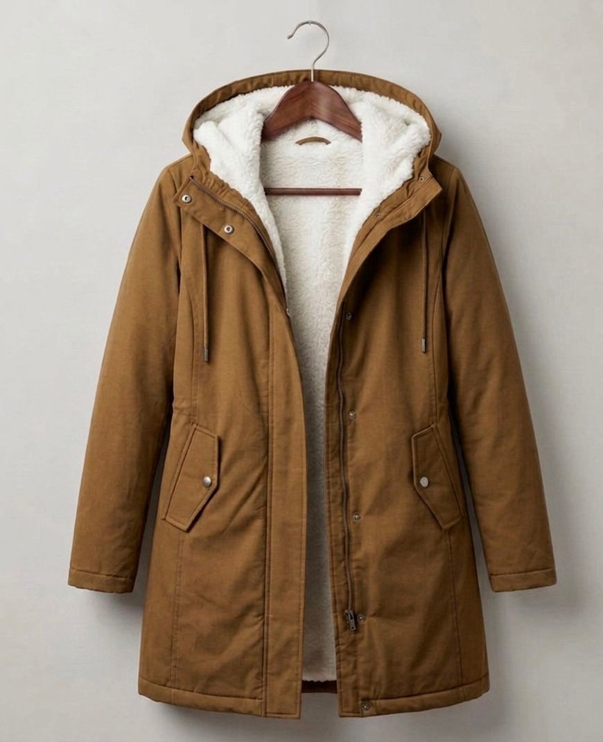 Khaki waterproof long parka with sherpa-lined hood, full zip, and two front pockets