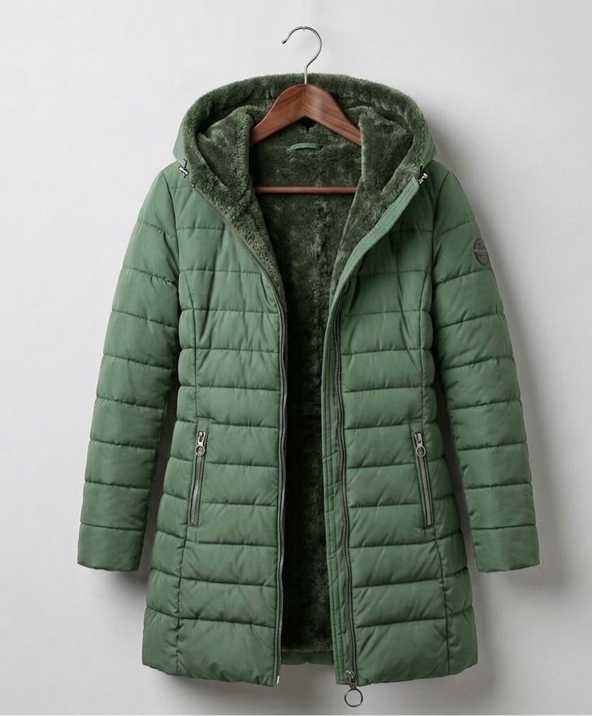 Olivia™ quilted A-line winter coat in dark green with hood and zip front.