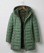 Olivia™ quilted A-line winter coat in dark green with hood and zip front.