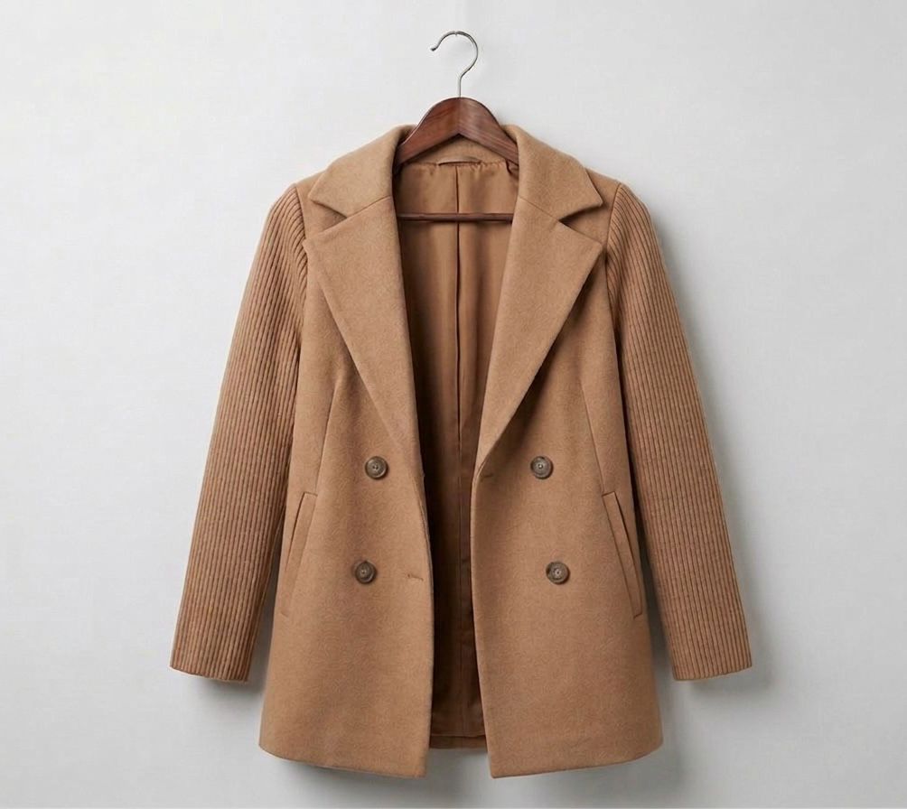 Ribbed blazer coat in tan/brown with double-breasted buttons and notch lapels