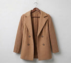 Ribbed blazer coat in tan/brown with double-breasted buttons and notch lapels