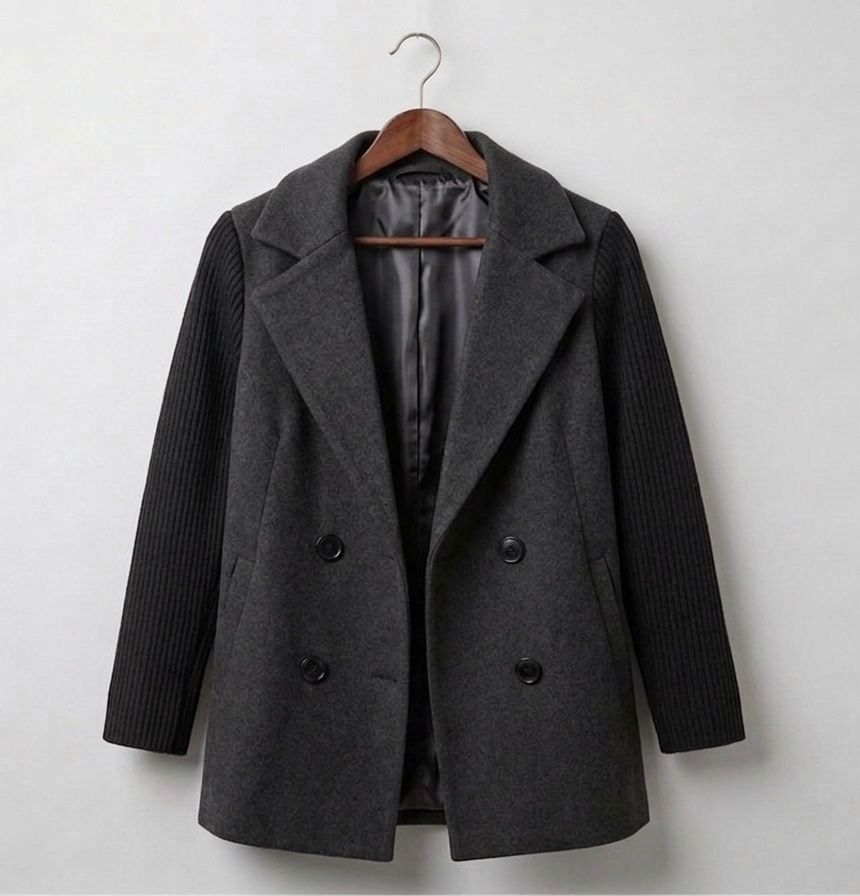 Ribbed blazer coat in dark gray, hanging on a wooden hanger with double-breasted buttons