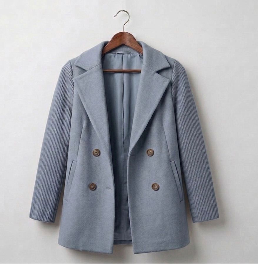 Ribbed blazer coat in light gray-blue, hanging on a wooden hanger with double-breasted buttons