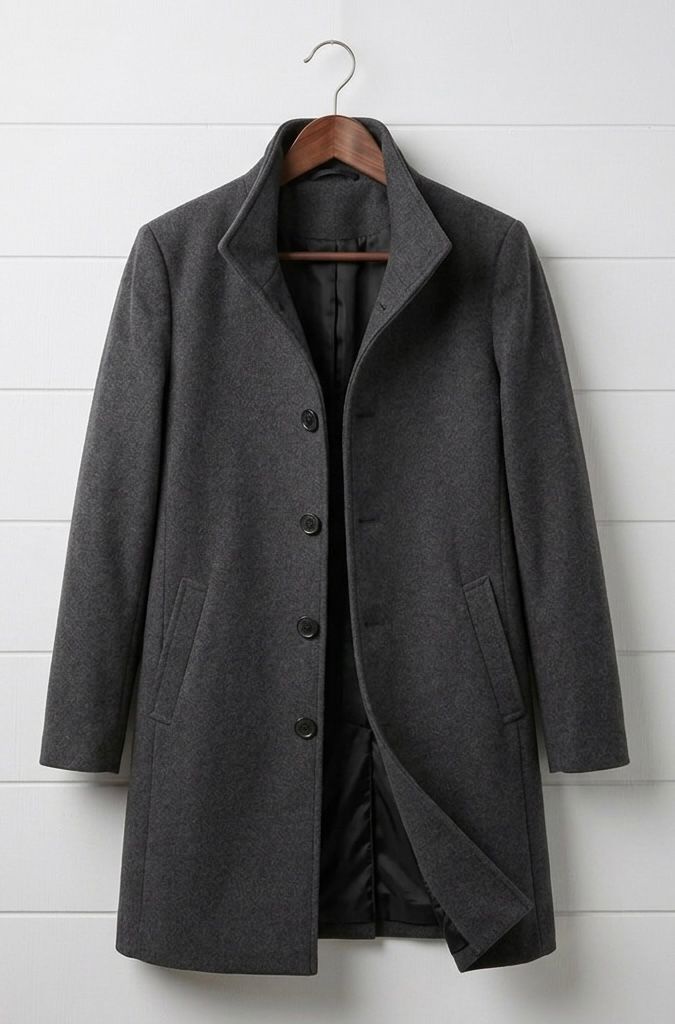 Grey long coat with notch lapels, dark buttons, and front patch pockets.