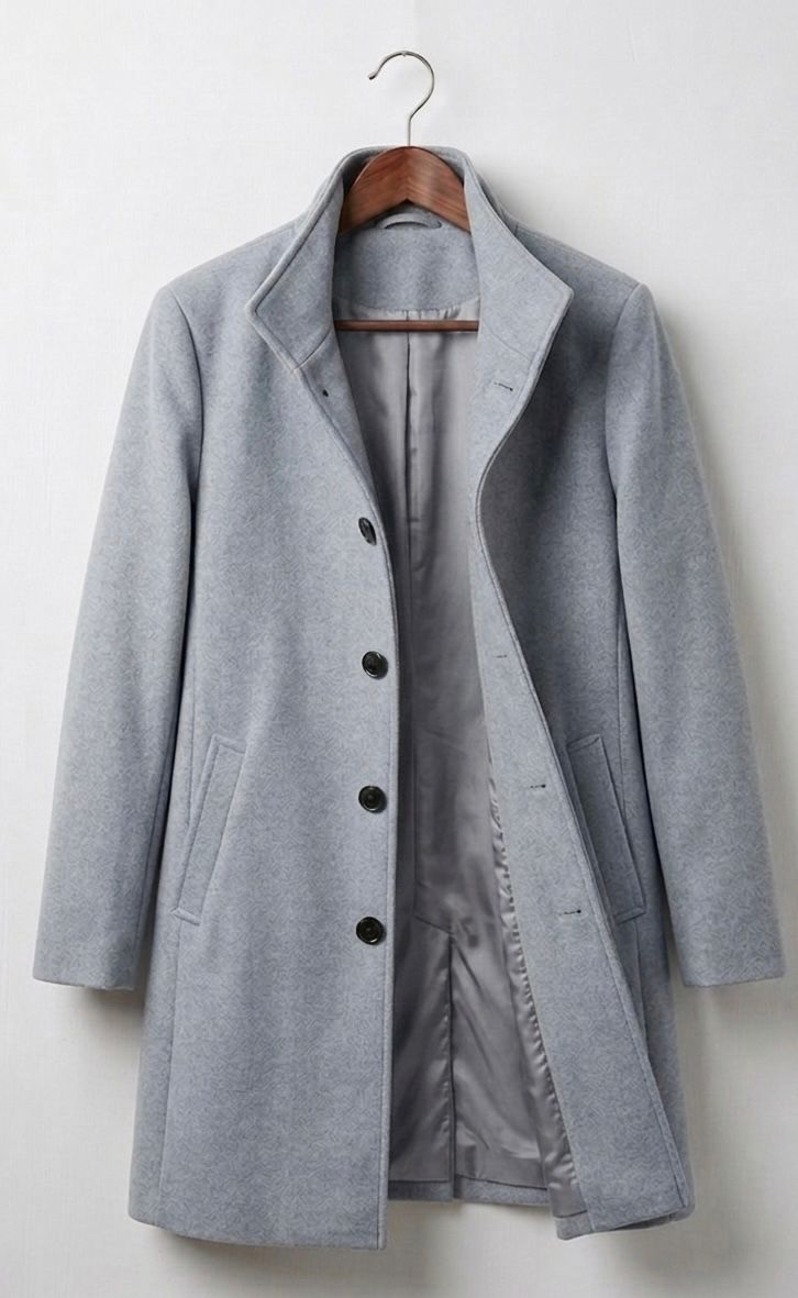 Light gray long coat with notch lapels, dark buttons, and quilted lining at front.