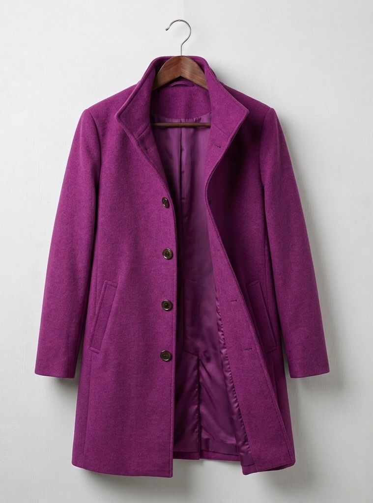 Purple long coat with notch lapels, dark buttons, and quilted inner lining.