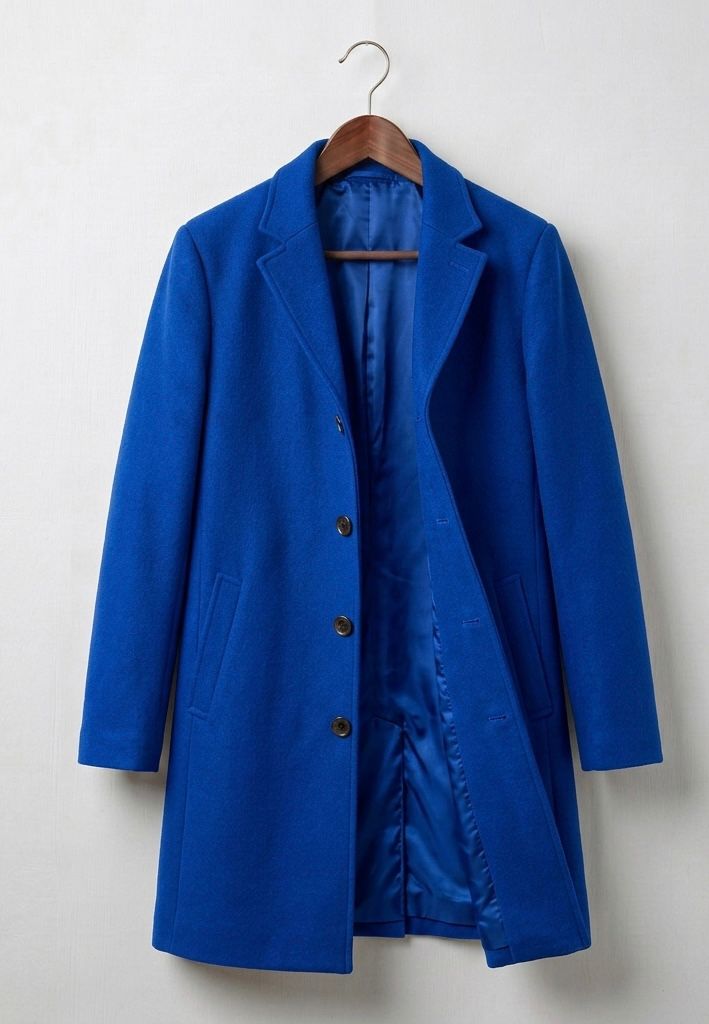 Blue long coat with notched lapels, button front, and fully lined interior.
