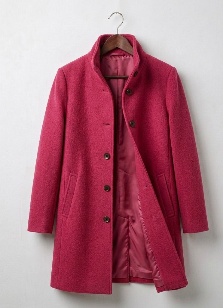 Pink long coat with notched lapels, button front, and lined interior.
