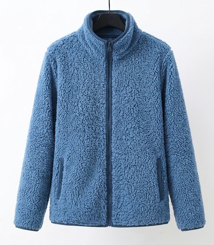 Blue teddy fleece zip-up jacket with stand collar and two front pockets