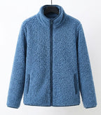 Blue teddy fleece zip-up jacket with stand collar and two front pockets